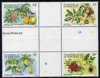 St Vincent - Grenadines 1985 Fruits & Blossoms set of 4 in se-tenant cross-gutter block (folded through gutters) from uncut archive proof sheet (SG 398-401) some split perfs & wrinkles but a rare archive item unmounted mint