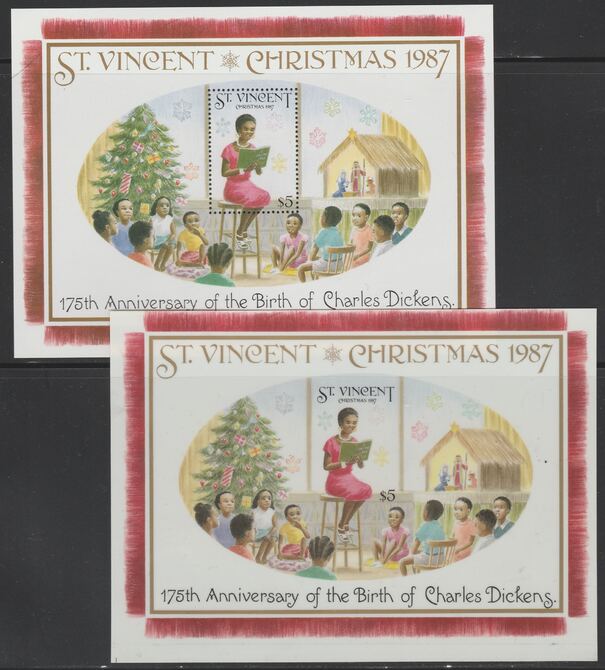 St Vincent 1987 Christmas (Charles Dickens) m/sheet (Teacher reading to Class) full colour die proof on Cromalin plastic card (ex archives) plus issued m/sheet,SG MS 1124