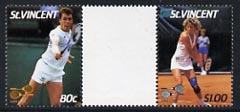 St Vincent 1987 International Tennis Players $1 (Chris Evert) & 80c (Ivan Lendl) in unmounted mint se-tenant gutter pair with ball omitted (from uncut archive sheet), SG 1059 & 1060var
