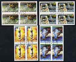 St Thomas & Prince Islands 1980 Moon Landing Anniversary set of 4, each in imperf blocks of 4 with central 'CTT 10.12.80 St Tome