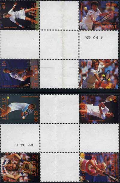 St Vincent - Bequia 1988 International Tennis Players set of 8 in se-tenant cross-gutter block (folded through gutters) from uncut archive proof sheet, some split perfs & wrinkles but a rare archive item unmounted mint