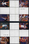 St Vincent - Bequia 1988 International Tennis Players set of 8 in se-tenant cross-gutter block (folded through gutters) from uncut archive proof sheet, some split perfs & wrinkles but a rare archive item unmounted mint