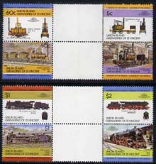 St Vincent - Union Island 1984 Locomotives #1 (Leaders of the World) set of 8 in se-tenant gutter pairs (folded through gutters) from uncut archive proof sheets unmounted mint