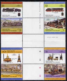 St Vincent - Union Island 1984 Locomotives #1 (Leaders of the World) set of 8 in se-tenant cross-gutter block (folded through gutters) from uncut archive proof sheet, some split perfs & wrinkles but a rare archive item unmounted mint