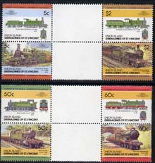 St Vincent - Union Island 1985 Locomotives #3 (Leaders of the World) set of 8 in se-tenant gutter pairs (folded through gutters) from uncut archive proof sheets unmounted mint