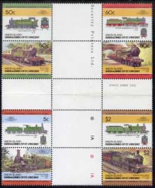 St Vincent - Union Island 1985 Locomotives #3 (Leaders of the World) set of 8 in se-tenant cross-gutter block (folded through gutters) from uncut archive proof sheet, some split perfs & wrinkles but a rare archive item unmounted mint