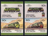 St Vincent - Grenadines 1987 Locomotives #8 (Leaders of the World) 50c Western Australia Class X unmounted mint se-tenant pair with red omitted plus Se-tenant pair opt'd SPECIMEN as normal, SG 524avar*