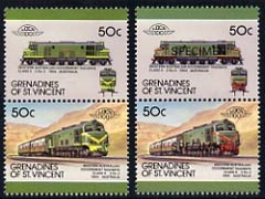 St Vincent - Grenadines 1987 Locomotives #8 (Leaders of the World) 50c Western Australia Class X unmounted mint se-tenant pair with red omitted plus Se-tenant pair opt'd SPECIMEN as normal, SG 524avar*