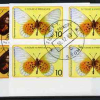 St Thomas & Prince Islands 1979 Butterflies 50c & 10Db each in imperf blocks of 4 with central 'CTT 10.12.80 St Tome" cancel, probably publicity proofs