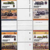 St Vincent - Grenadines 1985 Locomotives #3 (Leaders of the World) set of 8 in se-tenant cross-gutter block (folded through gutters) from uncut archive proof sheet (SG 351-8) some split perfs & wrinkles but a rare archive item unmounted mint
