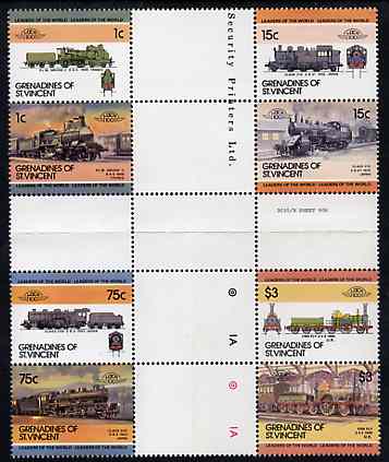 St Vincent - Grenadines 1985 Locomotives #3 (Leaders of the World) set of 8 in se-tenant cross-gutter block (folded through gutters) from uncut archive proof sheet (SG 351-8) some split perfs & wrinkles but a rare archive item unmounted mint