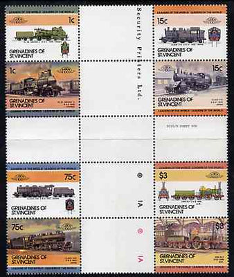 St Vincent - Grenadines 1985 Locomotives #3 (Leaders of the World) set of 8 in se-tenant cross-gutter block (folded through gutters) from uncut archive proof sheet (SG 351-8) some split perfs & wrinkles but a rare archive item unmounted mint