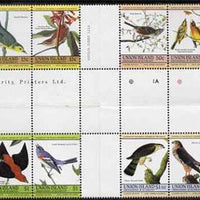 St Vincent - Union Island 1985 John Audubon Birds (Leaders of the World) set of 8 in se-tenant cross-gutter block (folded through gutters) from uncut archive proof sheet, some split perfs & wrinkles but a rare archive item unmounted mint