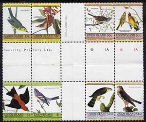 St Vincent - Union Island 1985 John Audubon Birds (Leaders of the World) set of 8 in se-tenant cross-gutter block (folded through gutters) from uncut archive proof sheet, some split perfs & wrinkles but a rare archive item unmounted mint