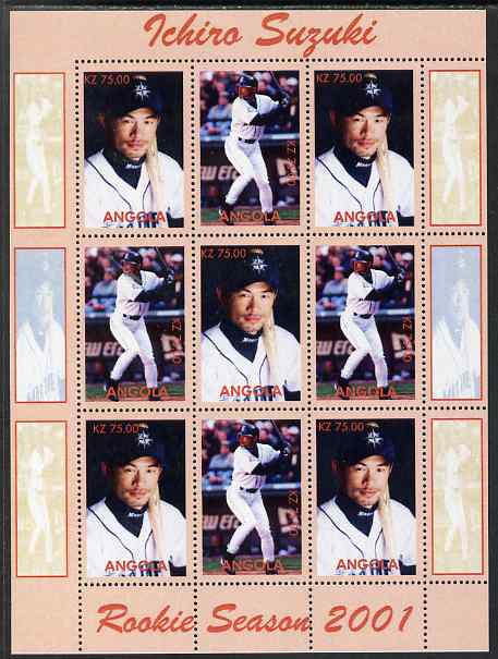 Angola 2001 Baseball Rookie Season - Ichiro Suzuki perf sheetlet containing 9 values unmounted mint. Note this item is privately produced and is offered purely on its thematic appeal