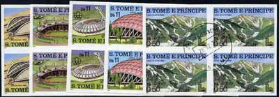 St Thomas & Prince Islands 1980 Olympic Stadia set of 5, each in imperf blocks of 4 with central 'CTT 28.12.79 St Tome" cancel, pre-release publicity proofs (set was issued 13.6.80)