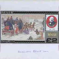 Staffa 1979 Rowland Hill (Mail Coach) - Original artwork for deluxe sheet (£2 value) comprising coloured illustration on board (175 mm x 95 mm) with overlay, plus issued label