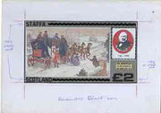 Staffa 1979 Rowland Hill (Mail Coach) - Original artwork for deluxe sheet (£2 value) comprising coloured illustration on board (175 mm x 95 mm) with overlay, plus issued label