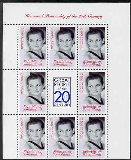 Somaliland 2000 Honoured Personality of the 20th Century - Princess Diana perf sheetlet containing 8 values plus label, unmounted mint. Note this item is privately produced and is offered purely on its thematic appeal