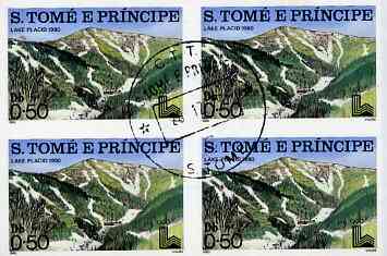 St Thomas & Prince Islands 1980 Olympic Stadia one value in imperf block of 4 with central 'CTT 28.12.79 St Tome