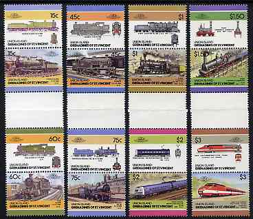 St Vincent - Union Island 1986 Locomotives #5 (Leaders of the World) set of 16 in se-tenant gutter pairs (folded through gutters) from uncut archive proof sheets unmounted mint