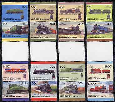 St Vincent - Union Island 1987 Locomotives #7 (Leaders of the World) set of 16 in se-tenant gutter pairs (folded through gutters) from uncut archive proof sheets unmounted mint