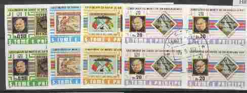 St Thomas & Prince Islands 1980 Rowland Hill set of 4, each in imperf blocks of 4 with central 'CTT 15.5.80 St Tome" cancel, pre-release publicity proof (set was issued 13.6.80)