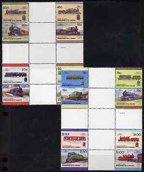 St Vincent - Union Island 1987 Locomotives #7 (Leaders of the World) set of 16 in se-tenant cross-gutter block (folded through gutters) from uncut archive proof sheet, some split perfs & wrinkles but a rare archive item unmounted mint