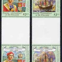 St Vincent - Bequia 1988 Christopher Columbus $3.50 & $3 perf values from Explorers set each in unmounted mint unfolded gutter pairs from uncut archive proof sheet.