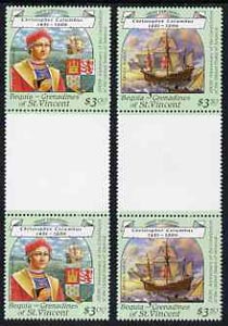St Vincent - Bequia 1988 Christopher Columbus $3.50 & $3 perf values from Explorers set each in unmounted mint unfolded gutter pairs from uncut archive proof sheet.