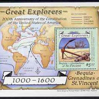 St Vincent - Bequia 1988 Explorers $5 m/sheet (Map & Anchor) with stamp perforated on three sides only (imperf at right) unmounted mint from an archive proof sheet.