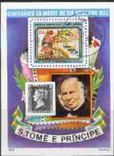 St Thomas & Prince Islands 1980 Penny Black (Rowland Hill) m/sheet with 'CTT 15.5.80 St Tome" cancel, pre-release publicity proof,(m/sheet was issued 13.6.80)