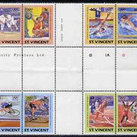 St Vincent 1984 Olympics (Leaders of the World) set of 8 in s unmounted minte-tenant cross-gutter block (folded through gutters & partly creased) from uncut archive proof sheet (SG 812-19) some split perfs & wrinkles but a rare archive item