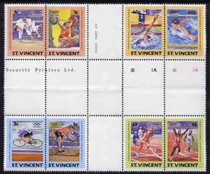 St Vincent 1984 Olympics (Leaders of the World) set of 8 in s unmounted minte-tenant cross-gutter block (folded through gutters & partly creased) from uncut archive proof sheet (SG 812-19) some split perfs & wrinkles but a rare archive item