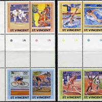 St Vincent 1984 Olympics (Leaders of the World) set of 8 in se-tenant gutter pairs (folded through gutters & 2 stamps creased) from uncut archive proof sheet unmounted mint (SG 812-19)