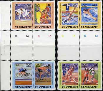 St Vincent 1984 Olympics (Leaders of the World) set of 8 in se-tenant gutter pairs (folded through gutters & 2 stamps creased) from uncut archive proof sheet unmounted mint (SG 812-19)