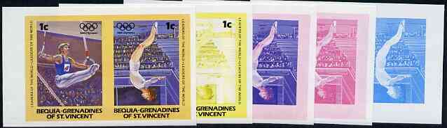 St Vincent - Bequia 1984 Olympics (Leaders of the World) 1c (Rings & Gymnastics) set of 5 imperf se-tenant progressive colour proof pairs comprising two individual colours, two 2-colour composites plus all 4-colour final design unmounted mint