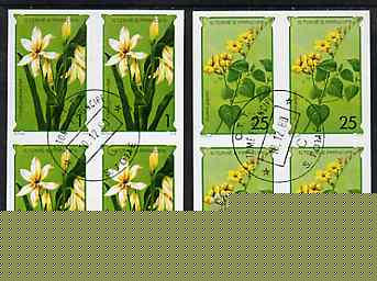St Thomas & Prince Islands 1979 Flowers 1Db & 25Db each in imperf blocks of 4 with central 'CTT 10.12.80 St Tome