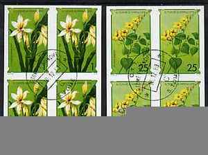 St Thomas & Prince Islands 1979 Flowers 1Db & 25Db each in imperf blocks of 4 with central 'CTT 10.12.80 St Tome" cancel, believed to be publicity proofs