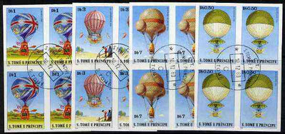 St Thomas & Prince Islands 1979 Balloons 0.5, 1, 3 & 7Db each in imperf blocks of 4 with central 'CTT 10.12.80 St Tome