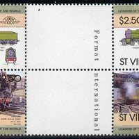 St Vincent 1983 Locomotives #1 (Leaders of the World) $2.50 se-tenant gutter pair (correctly inscribed '4-4-0') unmounted mint from uncut proof sheets (additional sheets of this value were printed to compensate for the '4-6-0' inscription error) SG 756a
