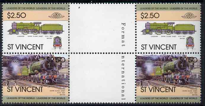 St Vincent 1983 Locomotives #1 (Leaders of the World) $2.50 se-tenant gutter pair (correctly inscribed '4-4-0') unmounted mint from uncut proof sheets (additional sheets of this value were printed to compensate for the '4-6-0' inscription error) SG 756a