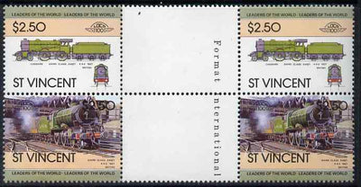 St Vincent 1983 Locomotives #1 (Leaders of the World) $2.50 se-tenant gutter pair (correctly inscribed '4-4-0') unmounted mint from uncut proof sheets (additional sheets of this value were printed to compensate for the '4-6-0' inscription error) SG 756a