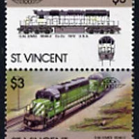 St Vincent 1986 Locomotives #6 (Leaders of the World) $3 se-tenant pair with bright green omitted from upper stamp, SG 1007avar unmounted mint