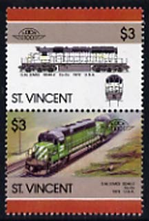 St Vincent 1986 Locomotives #6 (Leaders of the World) $3 se-tenant pair with bright green omitted from upper stamp, SG 1007avar unmounted mint