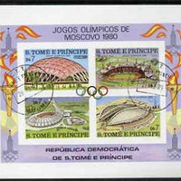St Thomas & Prince Islands 1980 Olympic Stadia imperf m/sheet with 2 strikes of 'CTT 28.12.79 St Tome" cancel, pre-release publicity proof (m/sheet was issued 13.6.80)