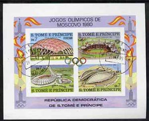 St Thomas & Prince Islands 1980 Olympic Stadia imperf m/sheet with 2 strikes of 'CTT 28.12.79 St Tome" cancel, pre-release publicity proof (m/sheet was issued 13.6.80)