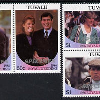 Tuvalu 1986 Royal Wedding (Andrew & Fergie) set of 4 (2 se-tenant pairs) overprinted SPECIMEN in silver (Italic caps 26.5 x 3 mm) unmounted mint SG 397-400s