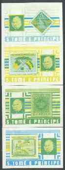 St Thomas & Prince Islands 1980 Rowland Hill set of 4, each in imperf proof singles printed in blue & yellow only, some wrinkles or soiling but attractive and most unusual