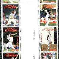 St Vincent - Grenadines 1988 Cricketers set of 8 in se-tenant gutter pairs (folded through gutters) from uncut archive proof sheets unmounted mint (SG 573-80)